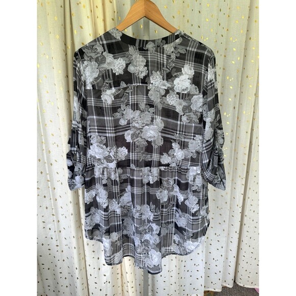 Torrid Emma Sheer Floral Plaid Chiffon Mandarin Collar Tunic Babydoll Blouse 1X - Picture 4 of 10